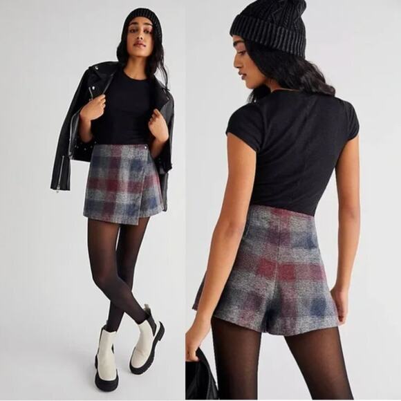 Free People Pants - Free People Emmy Gray Red Plaid Mini Wrap Skort